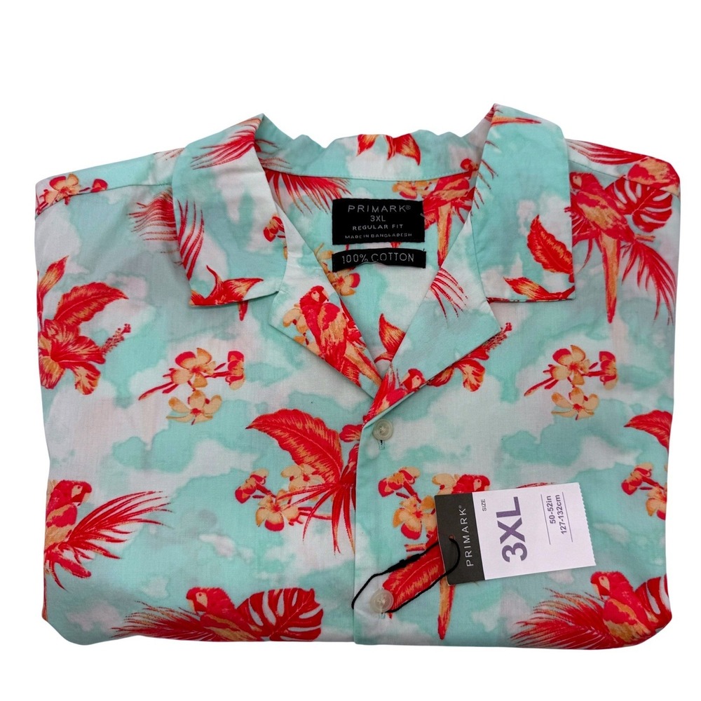 Primark Button Down Shirt Men 3XL Light Blue New Tropical Parrot Hibiscus Cotton